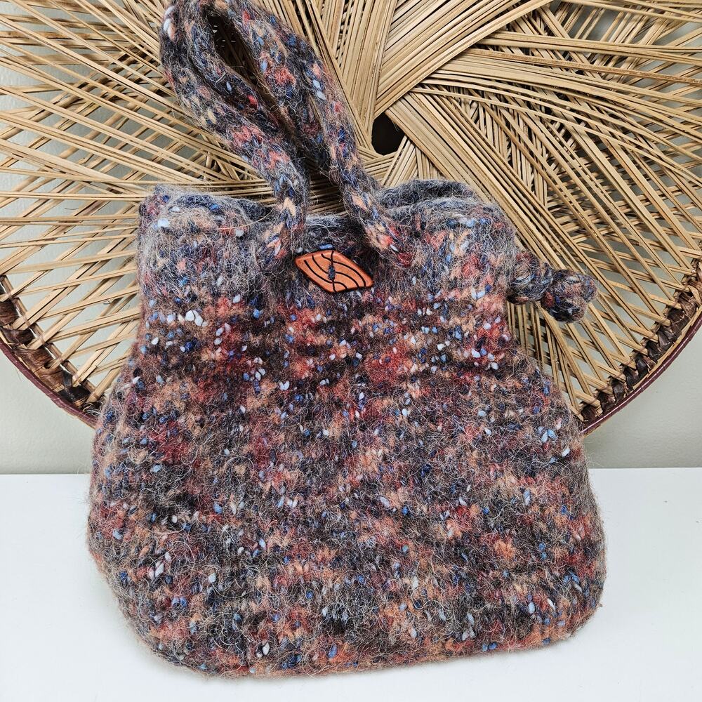 Handmade Yarn Knit Shoulder Bag Purse Navy Rust Grey Magnetic Snap Close